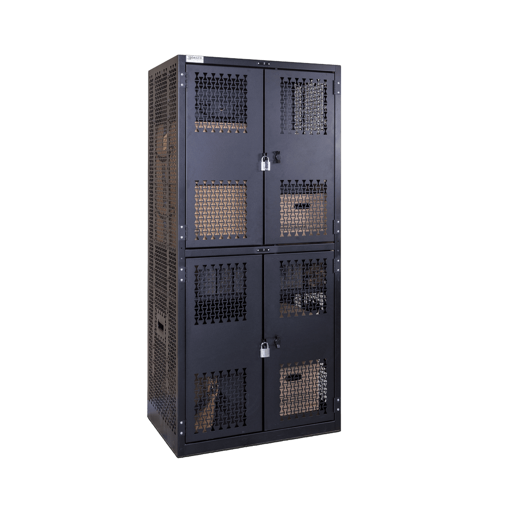 Double tier military gear storage locker outfitted for weapons, gears and media storage