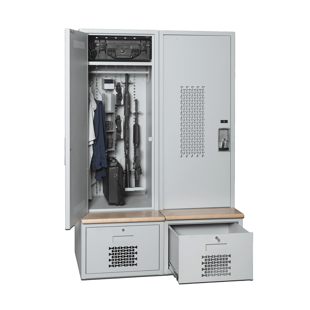 Tactical locker with bench outfitted for rifle and gear featuring roll-out drawer