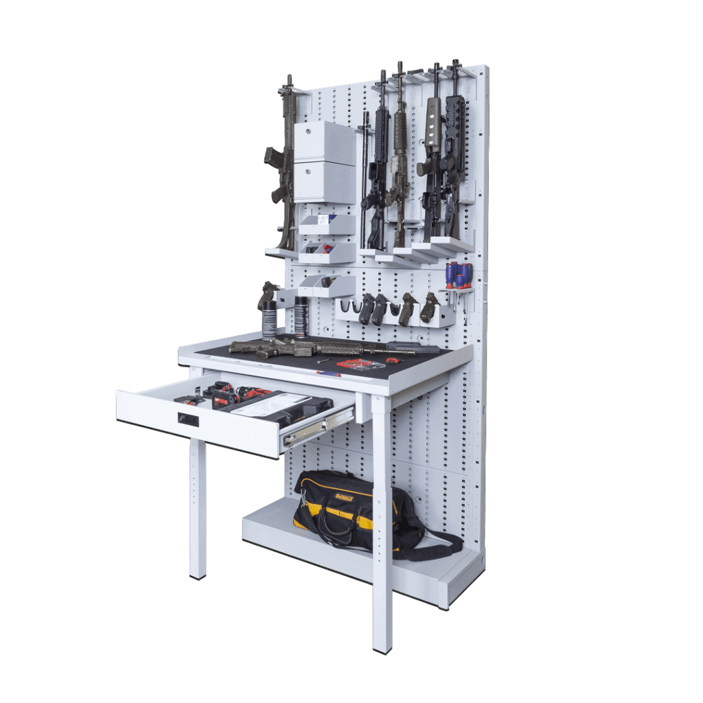 Work bench with wall mounted rack for weapon, gear, tool storage